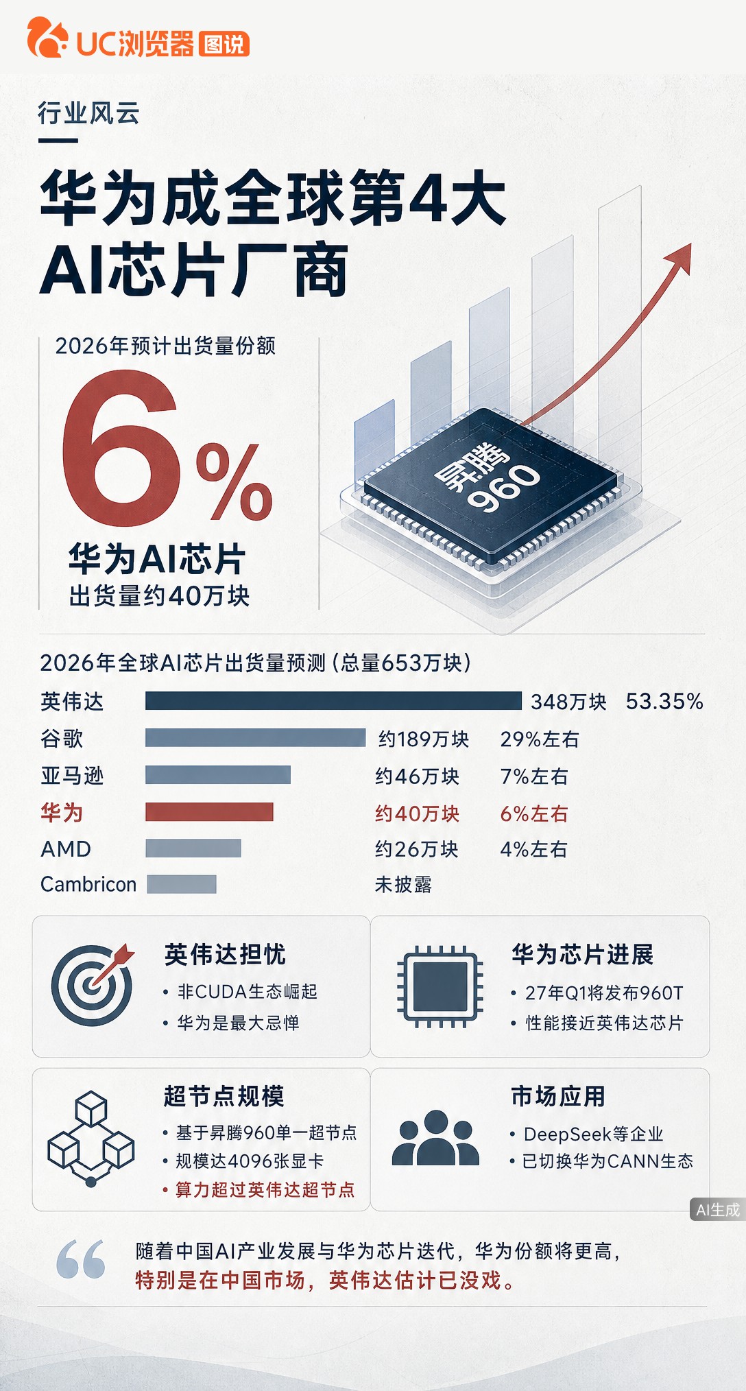 有机构预计华为2026年成全球第四大AI芯片厂商，份额约6%。仅靠中国市场就挤进前四，随着昇腾960