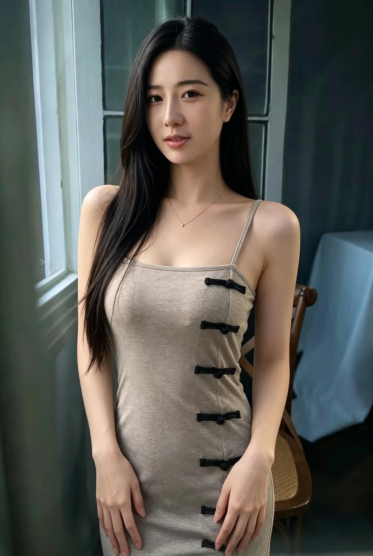 窗边柔光漫洒长发静静垂落肩头改良旗袍的别致盘扣晕开淡淡的东方温柔沉静眉眼