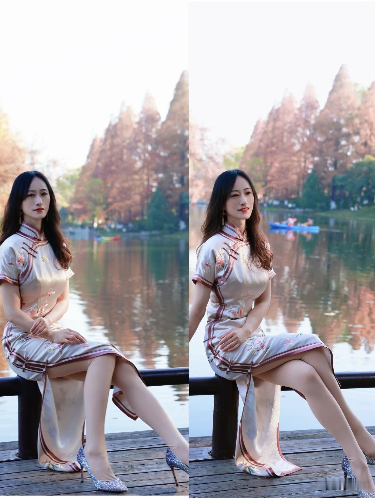 旗袍配油纸伞，坐在船上撑着伞看向远方，故事感直接拉满。撑着伞走在古镇小路，自由发