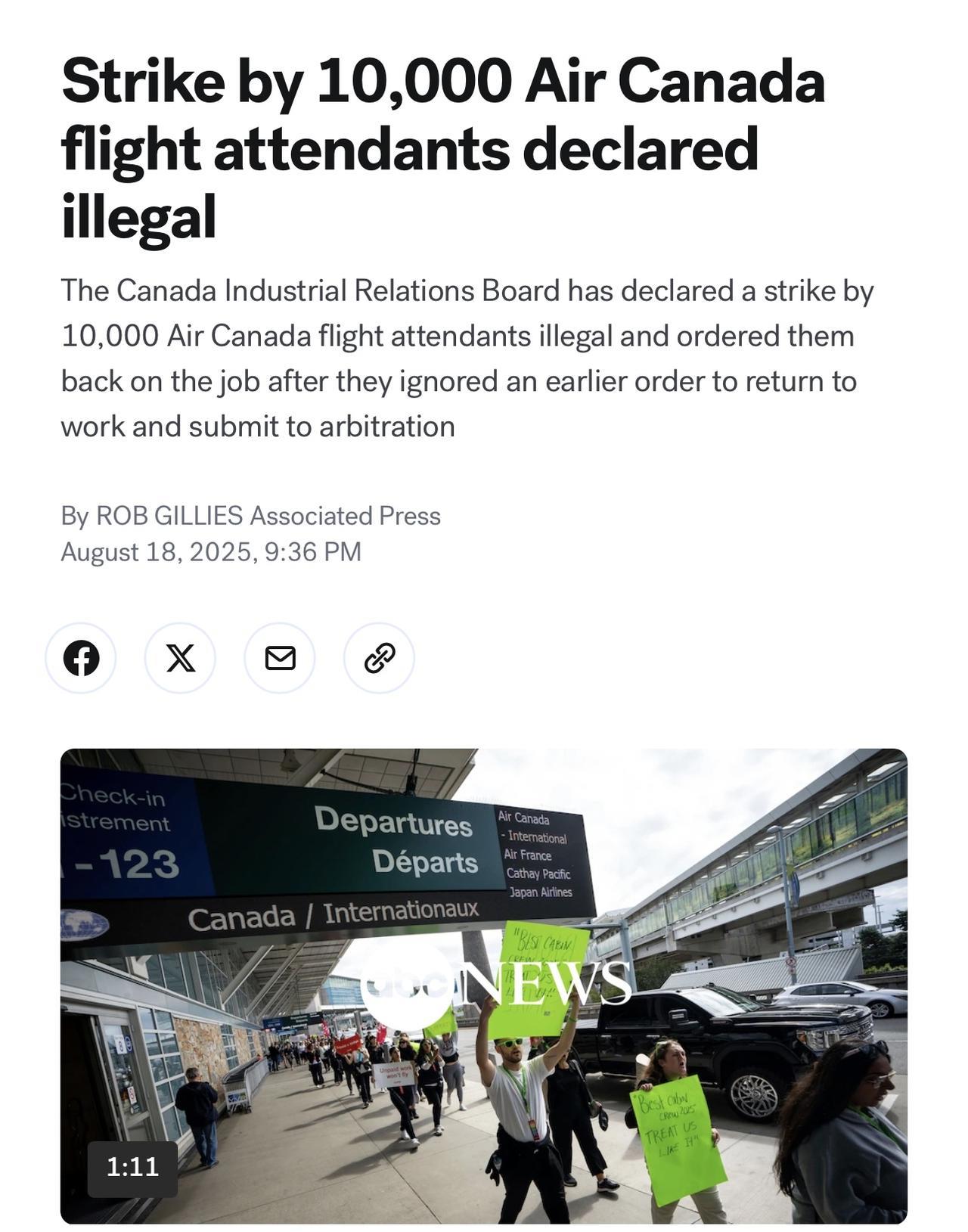 加拿大劳资关系委员会周一宣布加拿大航空公司10,000名空乘人员的罢工为非法