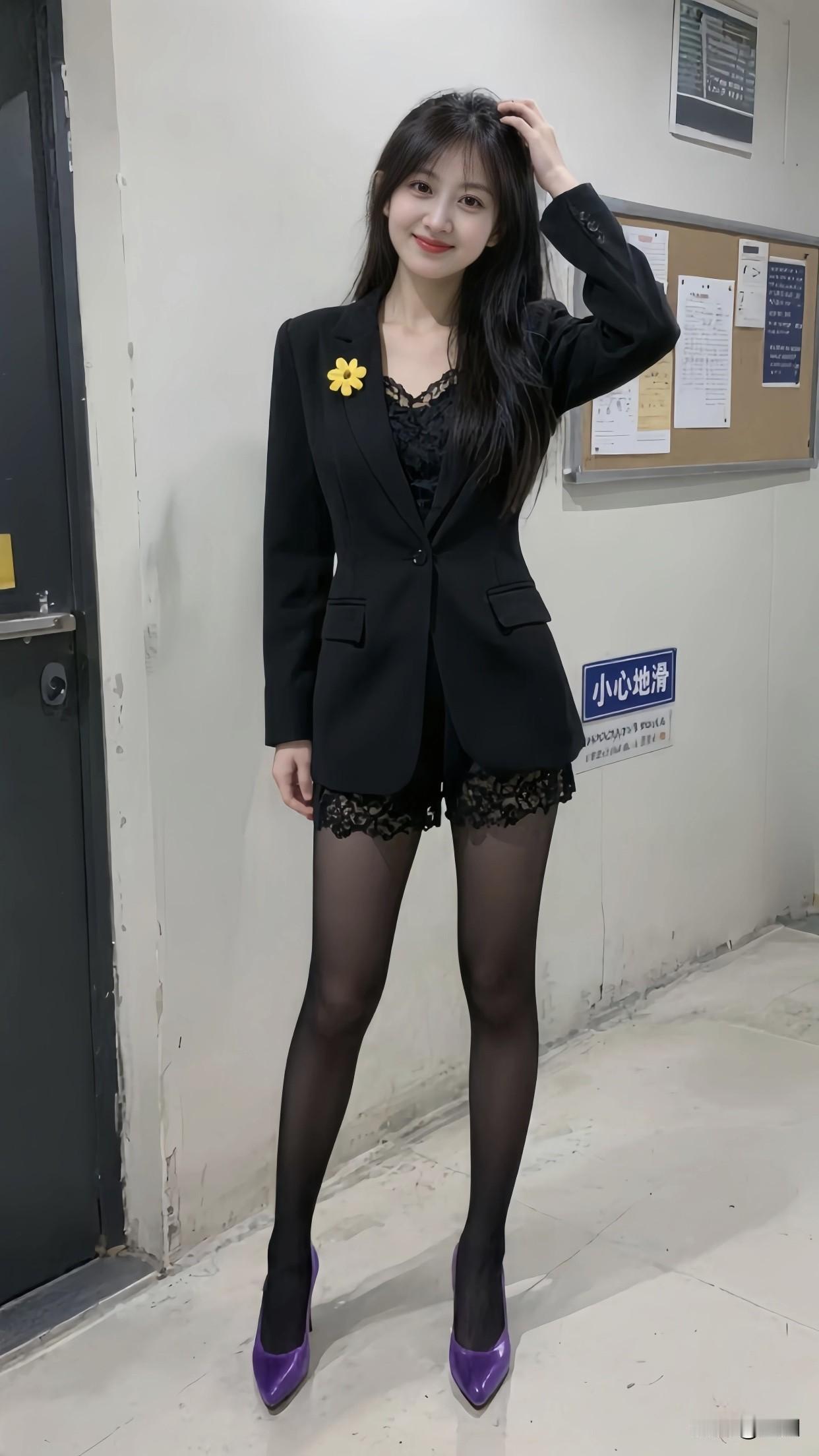 怎样才能把女生拍出清纯的感觉优雅黑西装搭配紫色高跟鞋，职场女性魅力满满！💄✨