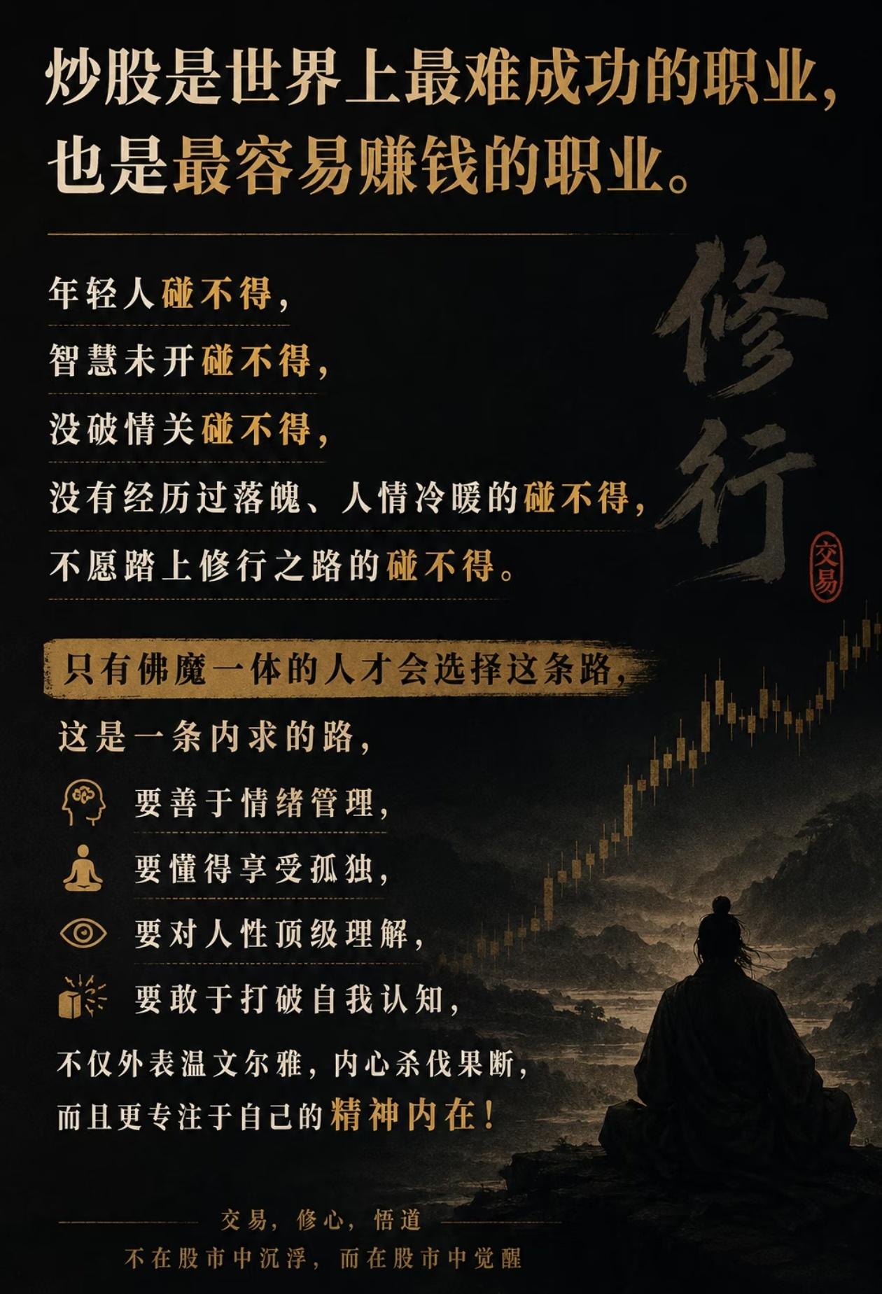 利弗莫尔说：“投资市场，从来都是修行场。”炒股入门最简单，长期成功却最难。