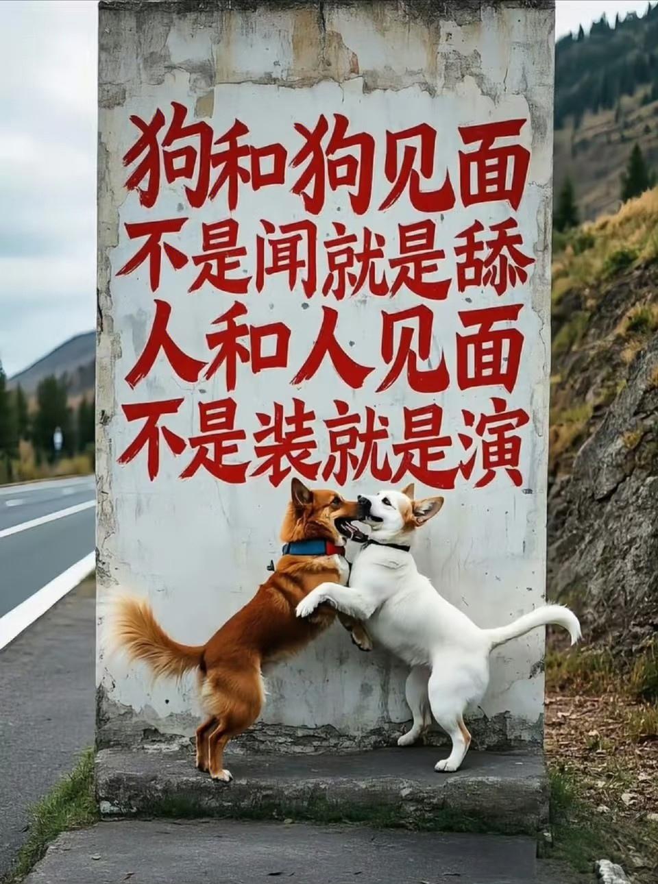 路过墙边，看到两只狗正玩得很欢，可爱极了。但真正让人喷饭和现实意义的那两句话
