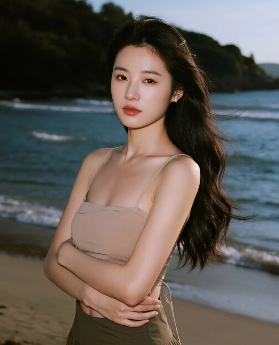 沙滩上的白裙少女，美得让人心动