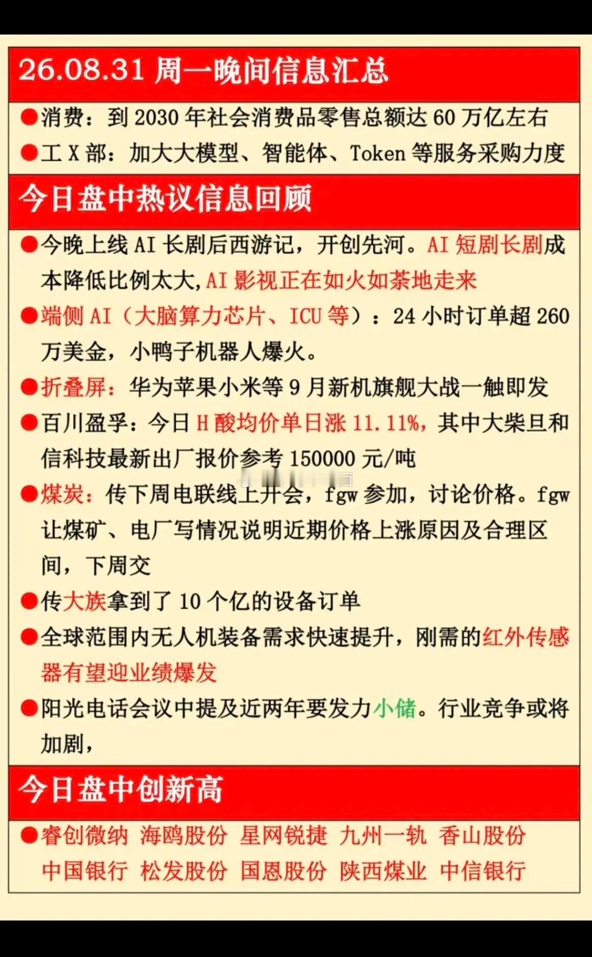 8.31周一晚间：财经热点信息必读！1.大消费2.人工智能大模型，AI智能体
