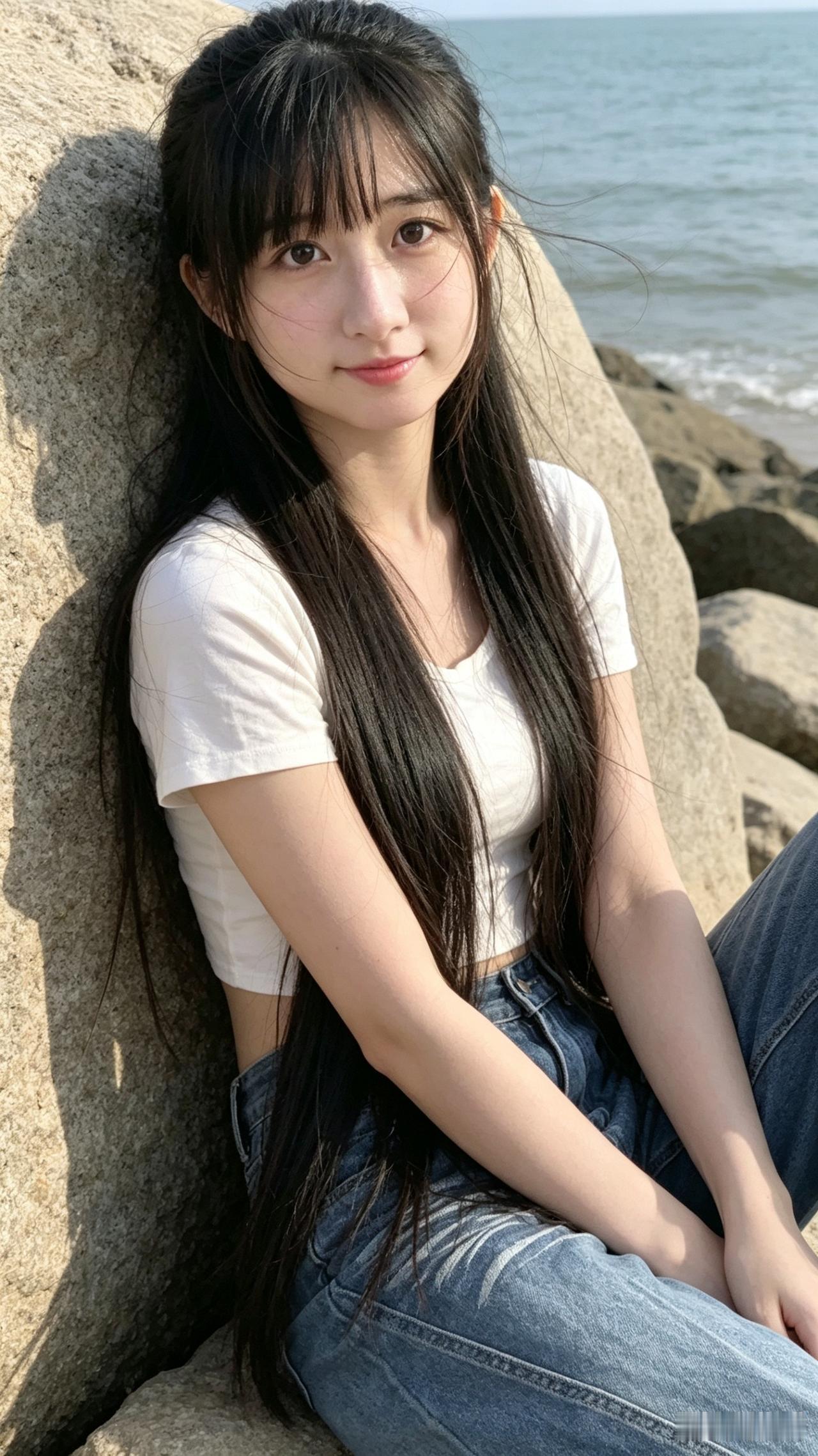 海边少女，阳光下的甜美时光🌊💙