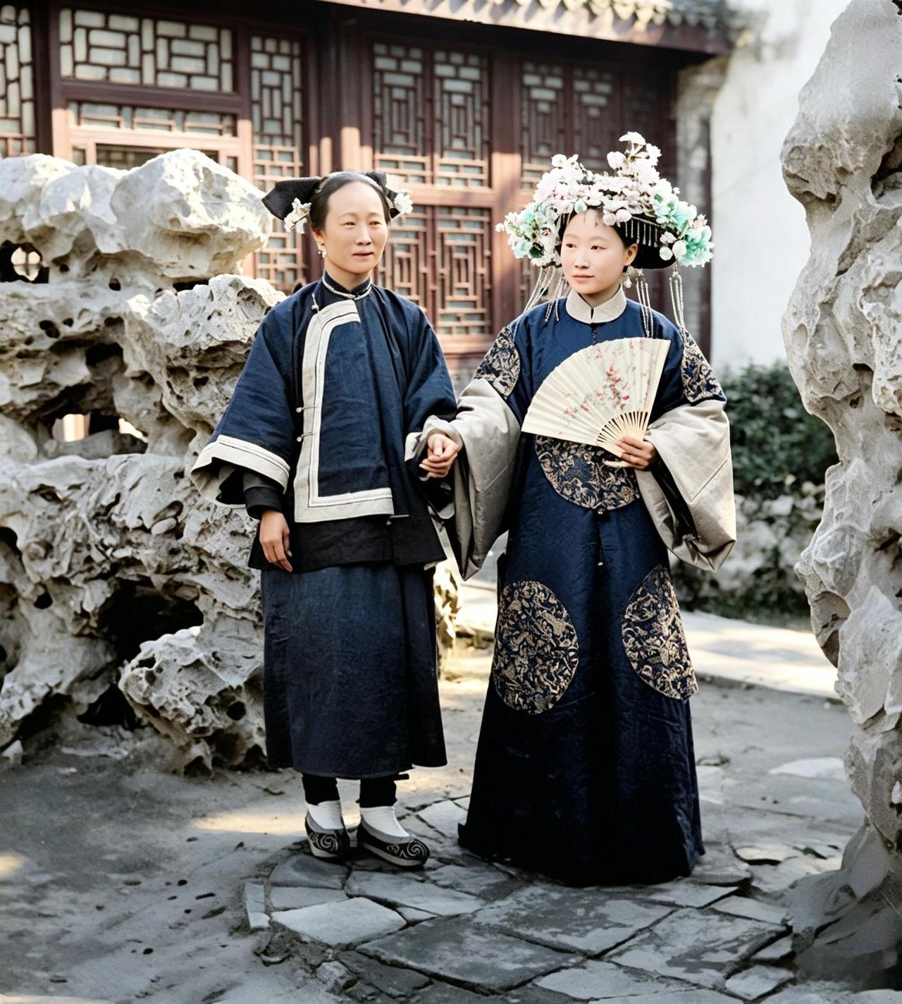 这是百年前一位头戴钿子、身穿八团服饰的满族贵妇人与一位装扮素净的中年妇人正缓步穿