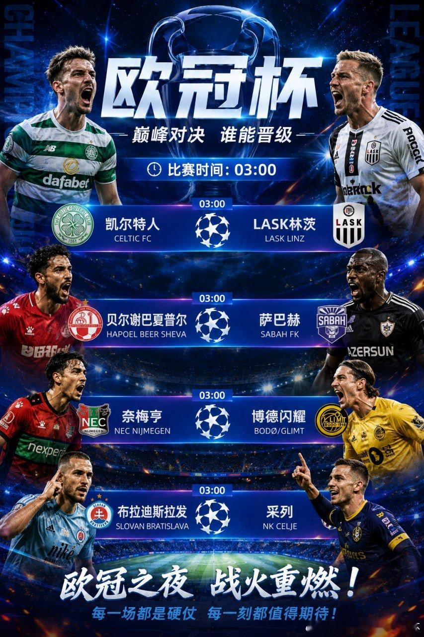 欧冠之夜，战火再燃！凌晨03:00四场焦点对决同步打响：凯尔特人VSLASK