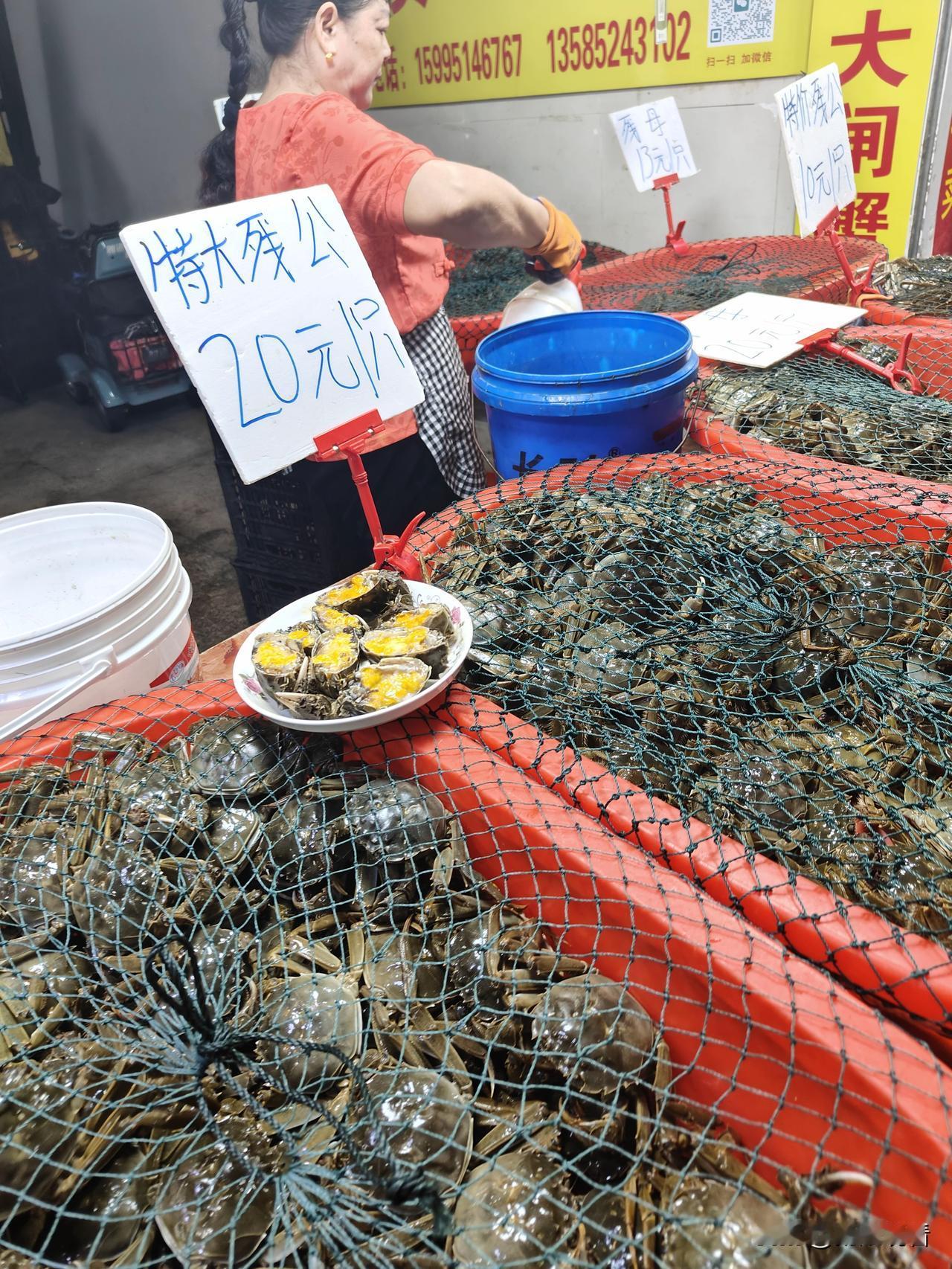 扬州国庆期间的石塔菜场螃蟹价格因规格不同有差异。公蟹方面，2两约6元/个，3两约