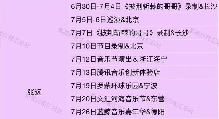 张远7月份的行程单，再就业团里最勤劳的小鸟，这么密集的行程也要去参加披荆斩棘，想