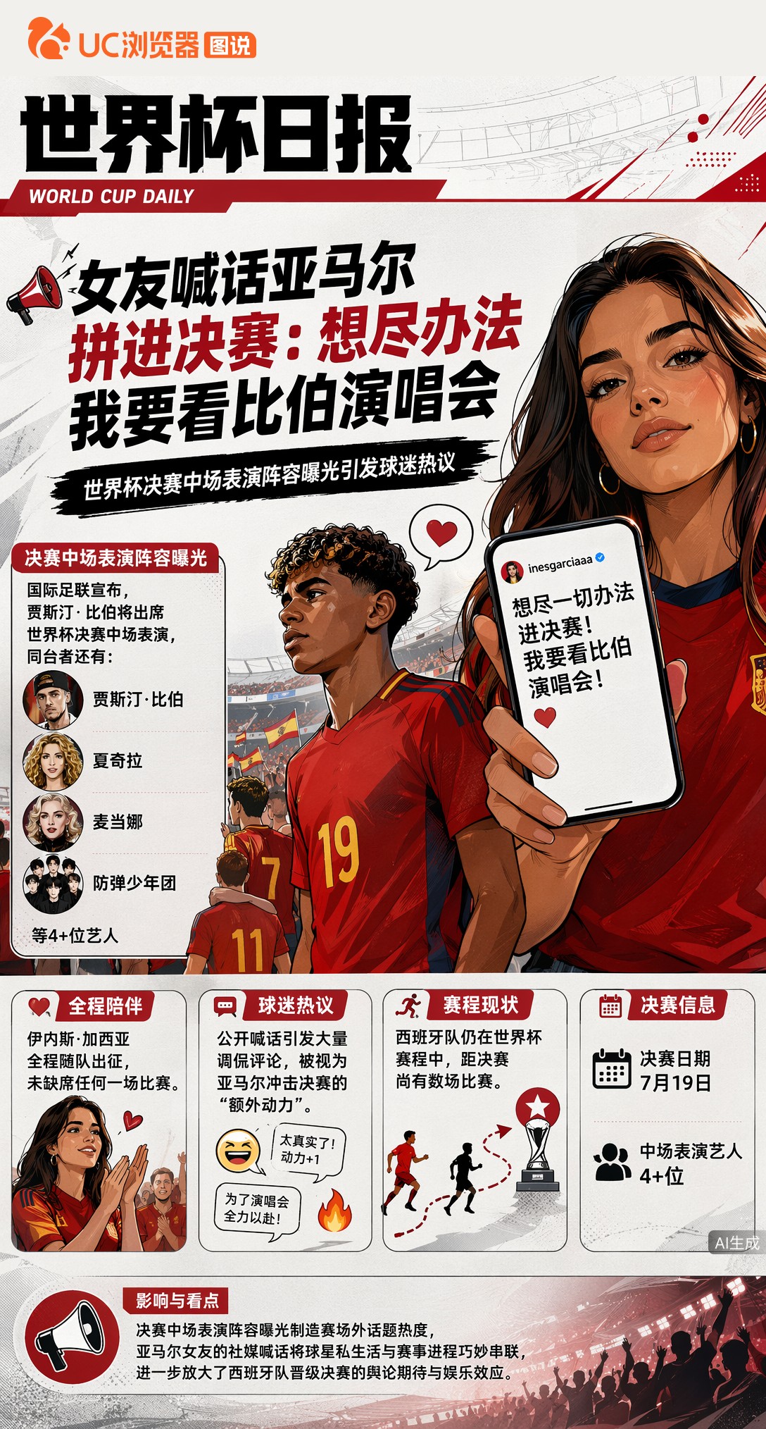 女友喊话亚马尔拼进决赛：想尽办法，我要看比伯演唱会