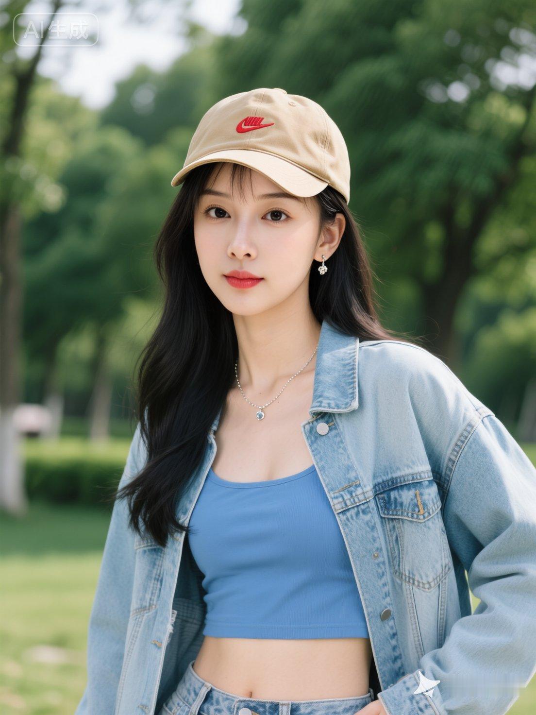 一位走休闲活力风的女性。她头戴卡其色带红色标志棒球帽，留着黑色长发，身着蓝色短款