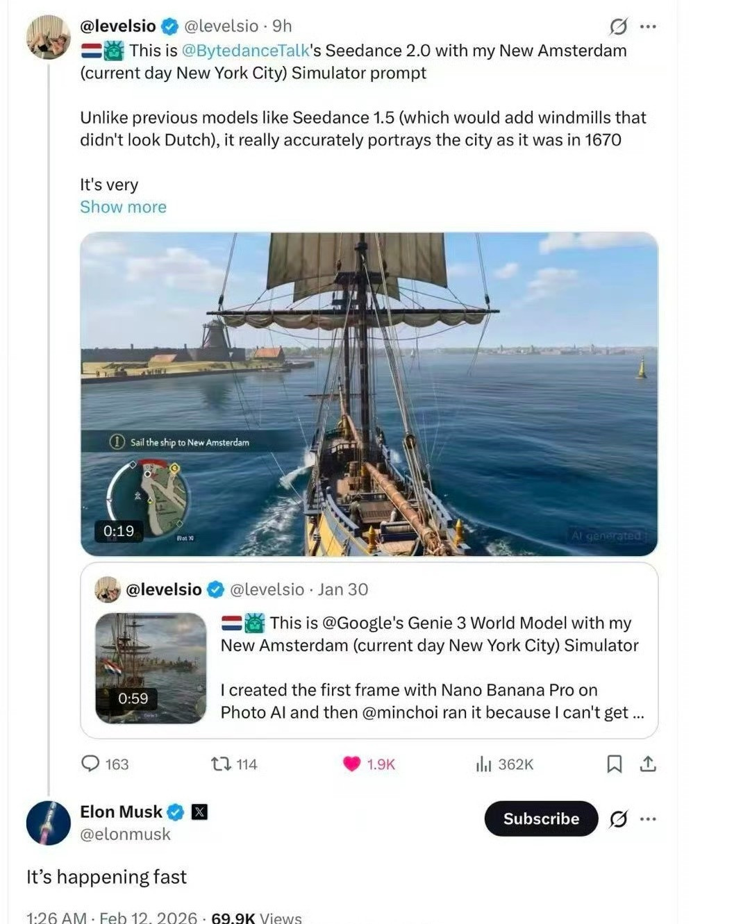 马斯克感慨Seedance2.0发展快马斯克转发评论字节跳动AI视频模型Seed