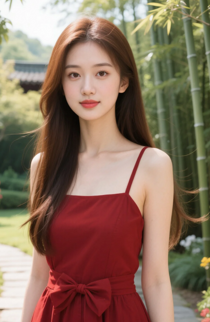 红裙在绿竹间燃烧，像一首无声的诗
