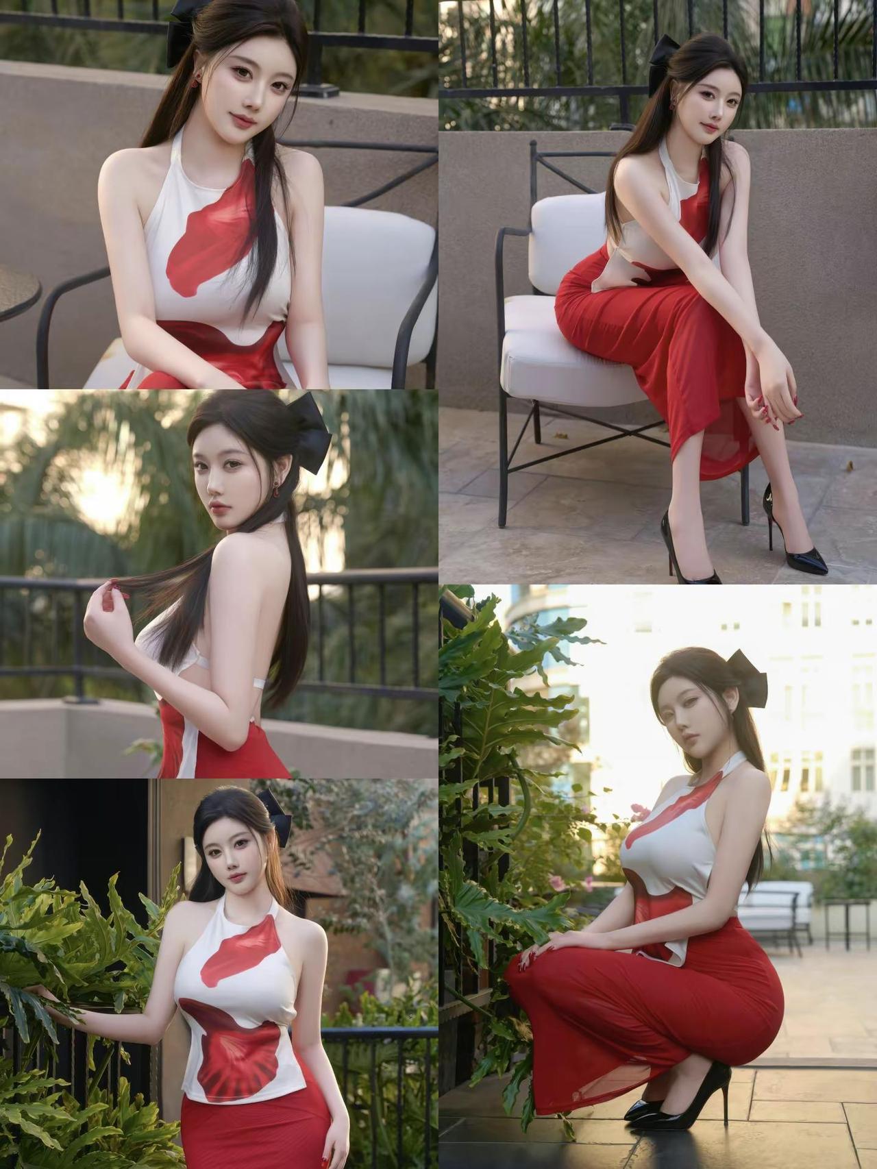 旗袍美女正红抹胸裙御姐红裙