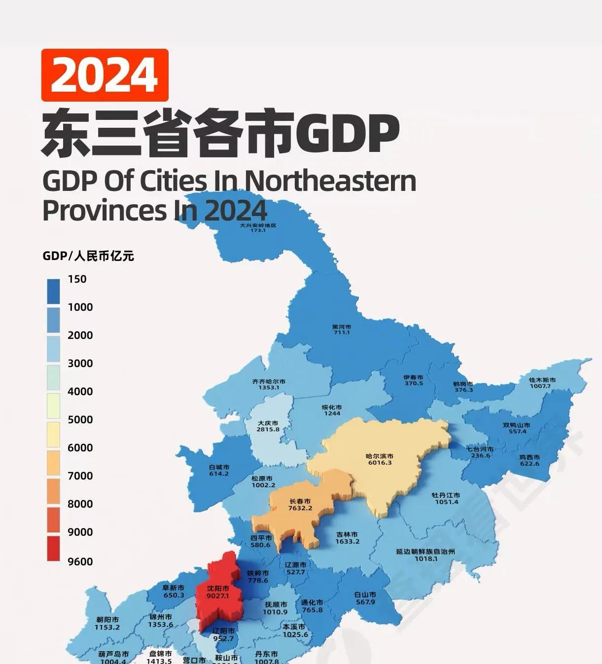 东北三省各地市GDP和人均GDP地图。东北地区除了沈阳、大连、长春、哈尔滨四大核