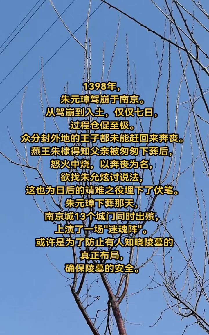 1398年，朱元璋驾崩于南京。从驾崩到入土，仅仅七日，过程仓促至极。众分封外地的