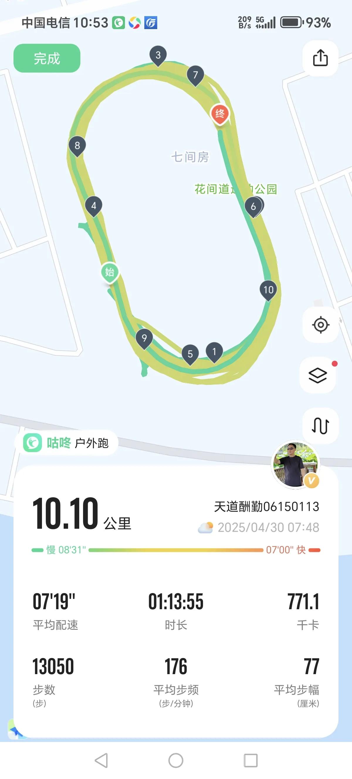 4月份最后一次跑步，10.10公里。因脚后跟疼痛，4月份的跑量仅仅92.23公
