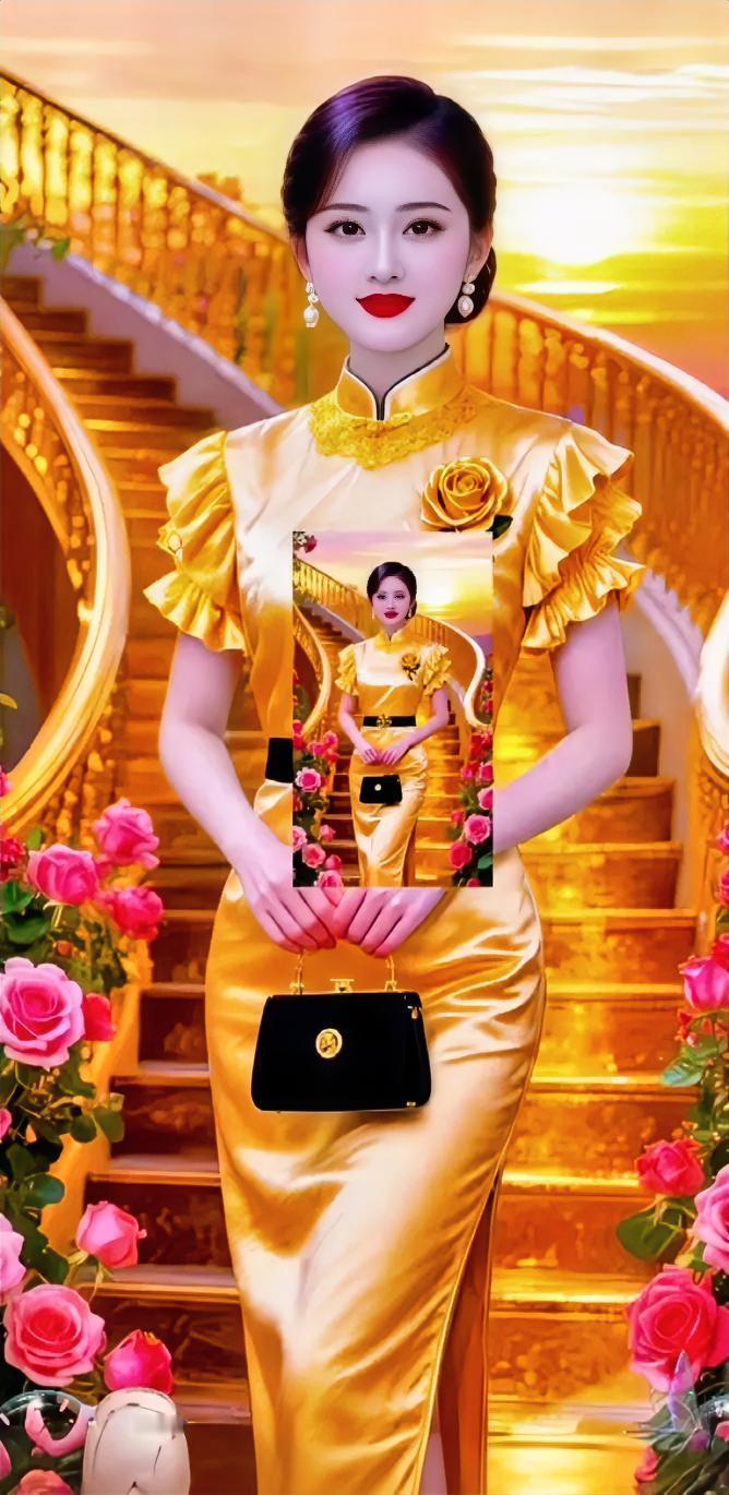 一袭金黄色改良旗袍，尽显东方女性温婉大气的韵味。精致立领搭配荷叶短袖，领口蕾丝花
