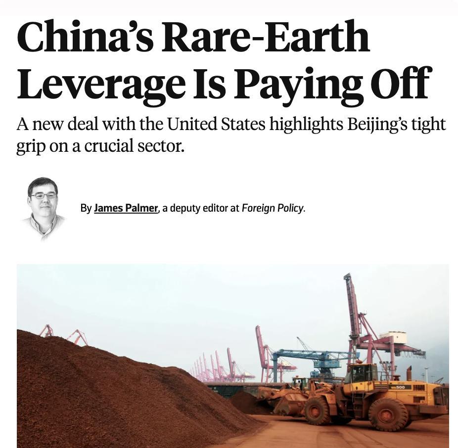 外媒：中国稀土战略奏效，美中达成出口协议近日中国同意恢复对美出口稀土，标志着在
