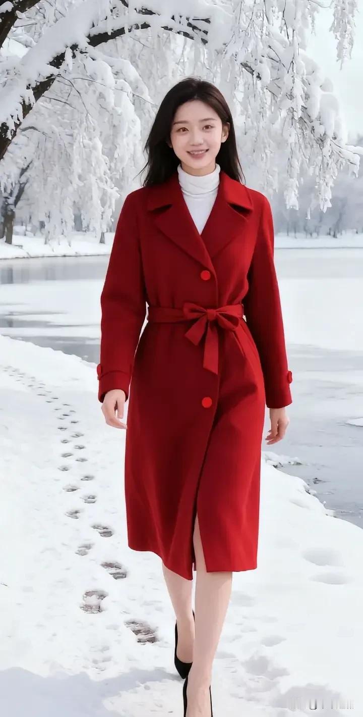 红呢大衣裹着雪天的艳，腰结轻系风的软，笑涡里盛着冰湖旁的暖光。