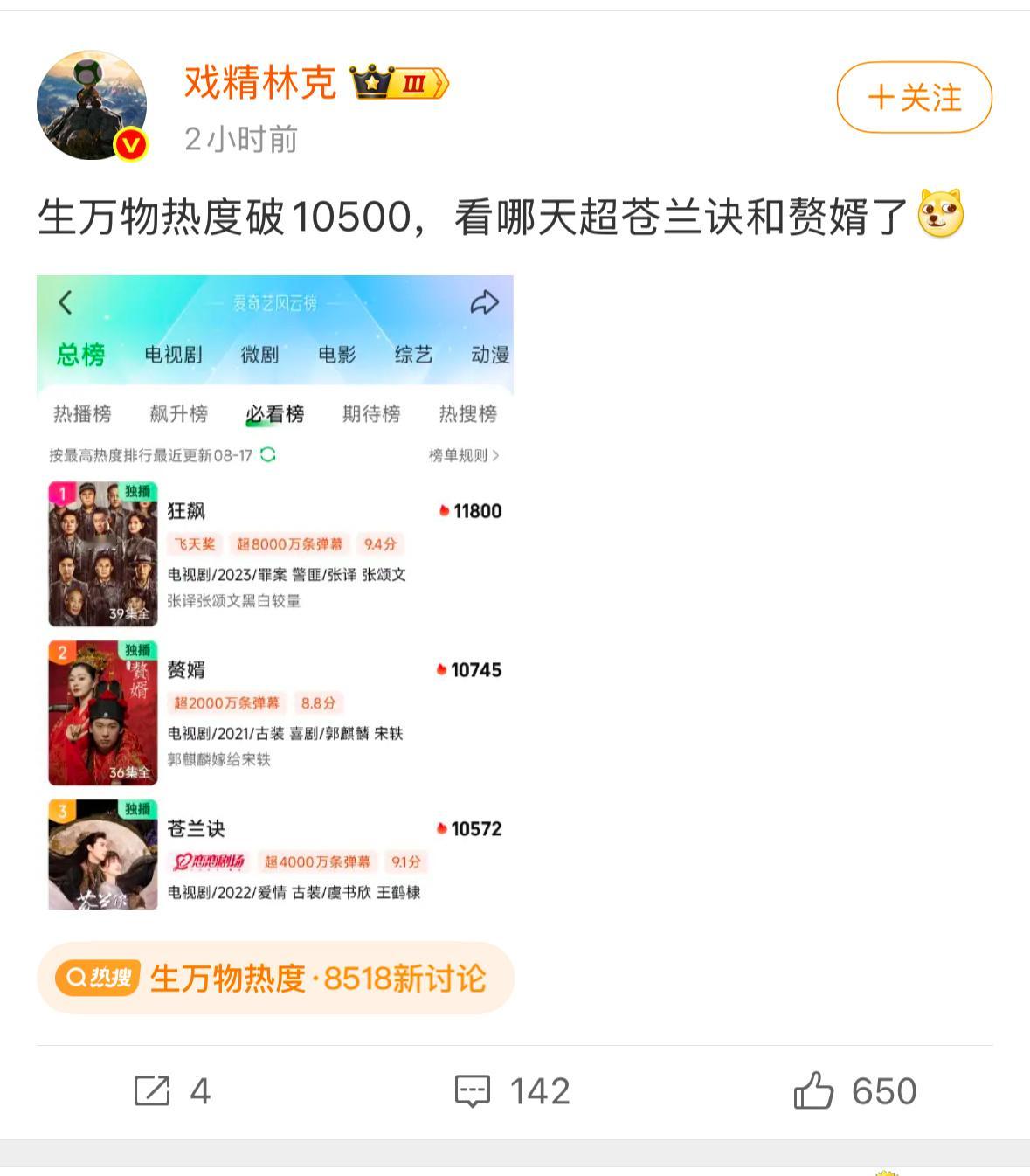虽然生万物跟苍兰诀题材不一样但是们爱奇艺改了机制之后能不能另外开一个榜单[捂嘴哭