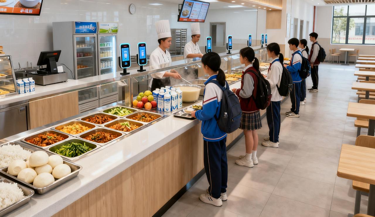 学校的餐厅是自营的，还是自选餐，去年刚装修完，标准在同类学校里绝对是一流的，开学