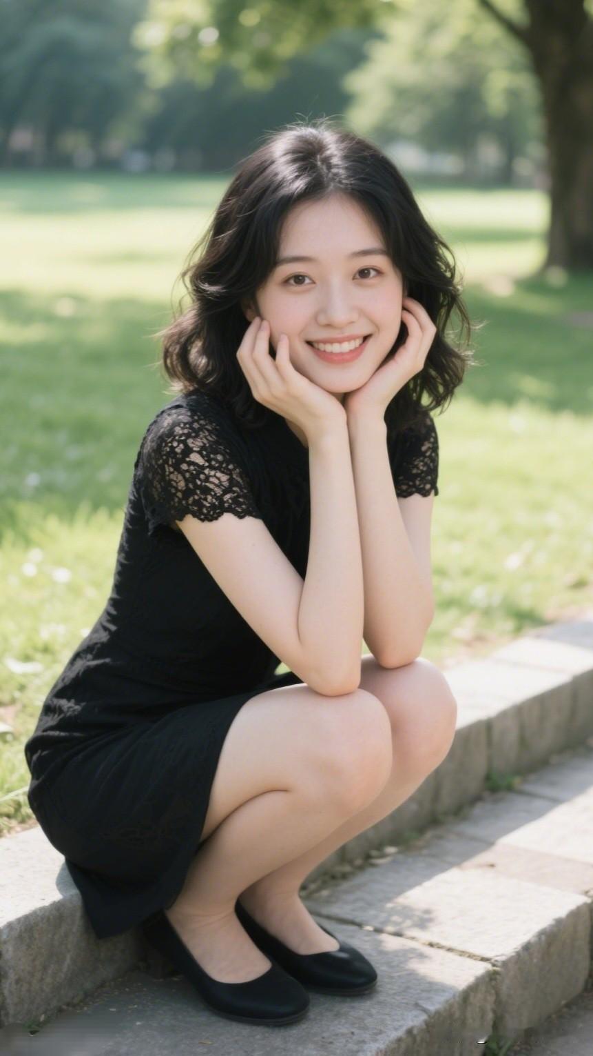 阳光下的微笑，黑裙的优雅，公园里的美好时光。你见过最清纯的女生是什么样的