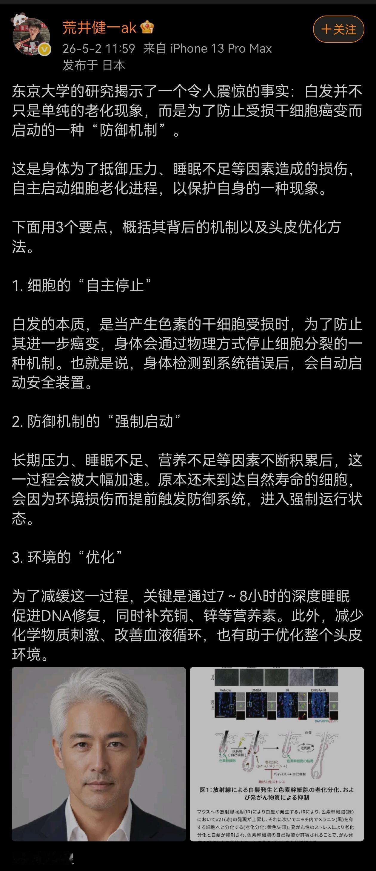 日本研究人员发现，白发并不只是单纯的老化现象，而是为了防止受损干细胞癌变而启动的