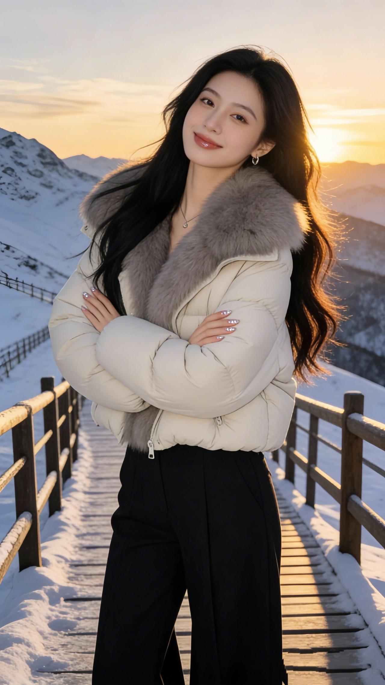 《雪岭夕照》雪岭凝光接晚阳，木桥霜色染衣香。风裁云鬓随霞舞，一笑融冰