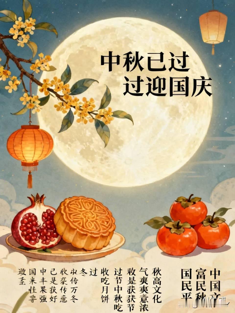 “中秋已过迎国庆”藏头词句：中[比心]华民族文化承秋[比心]高气爽秋意浓已