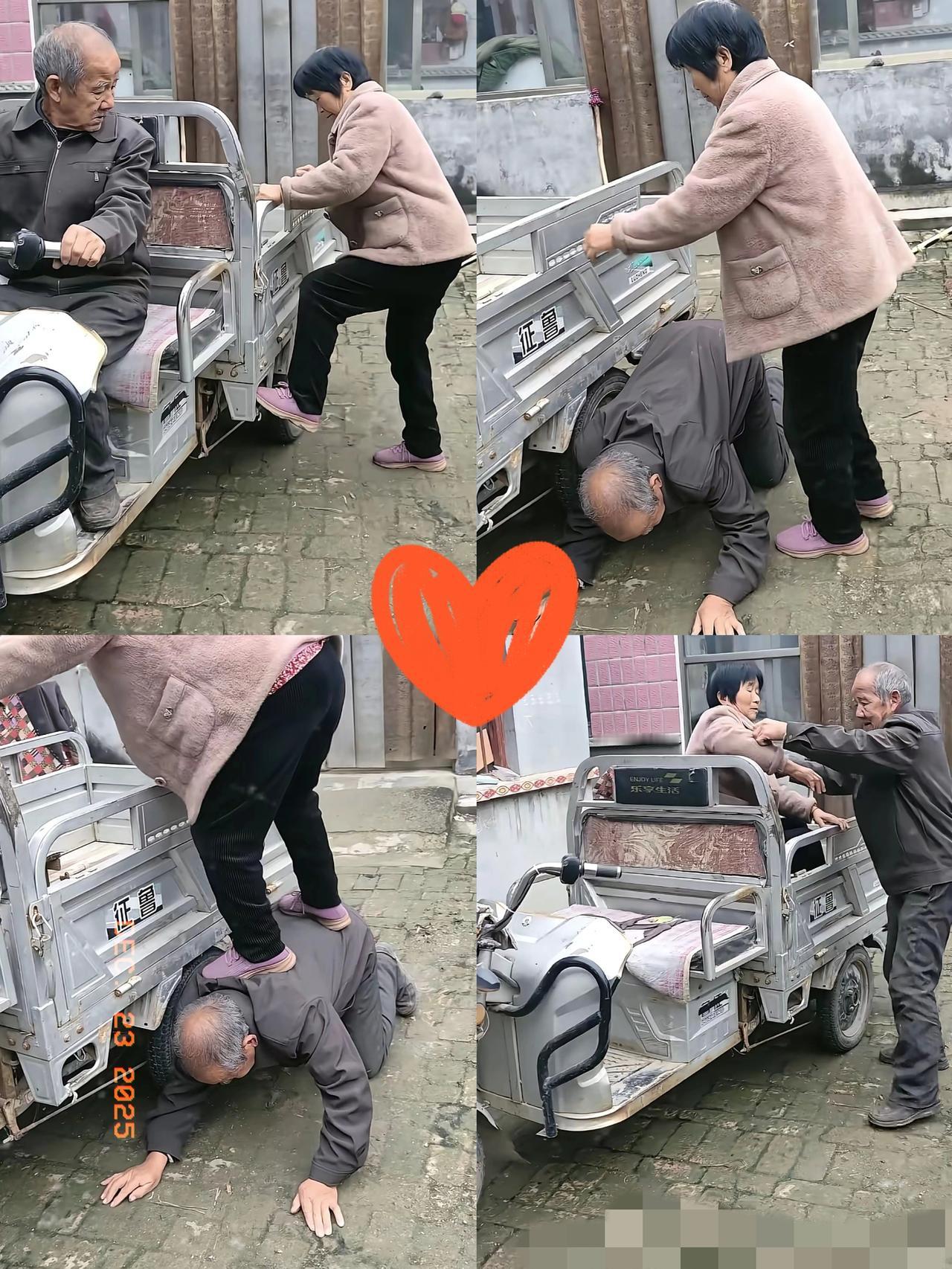 少来夫妻老来伴，一辈子不离不弃……老伴上车几次都没成功，大爷自己趴下来让老伴踩