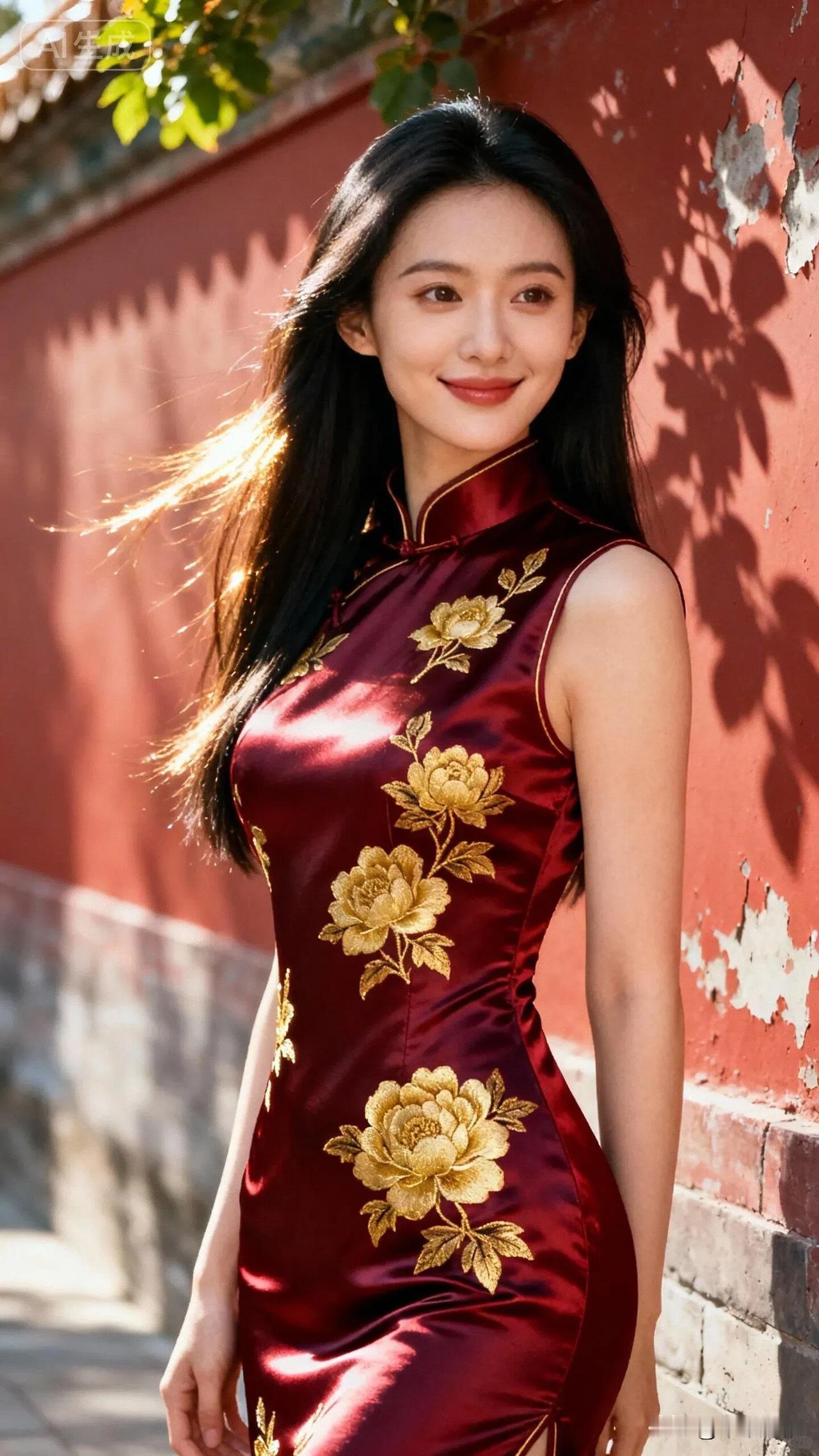 女人最美是气质还是最美的是善良?酒红旗袍裹着金牡丹的艳，檐角光影缠上发丝时，连