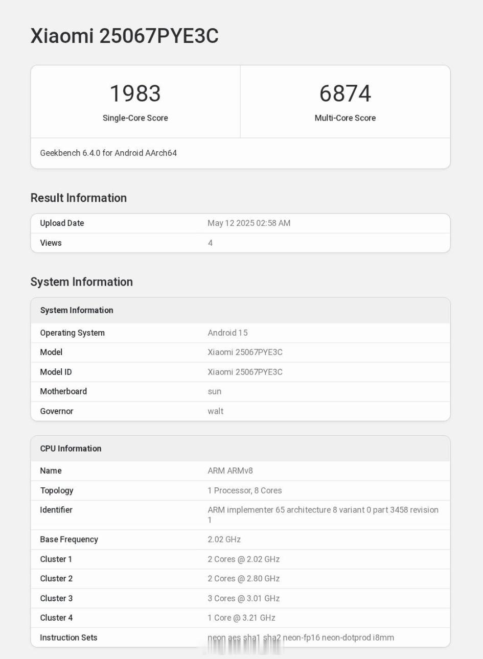 小米Civi5ProGeekbench6跑分出炉，搭载的高通骁龙骁龙
