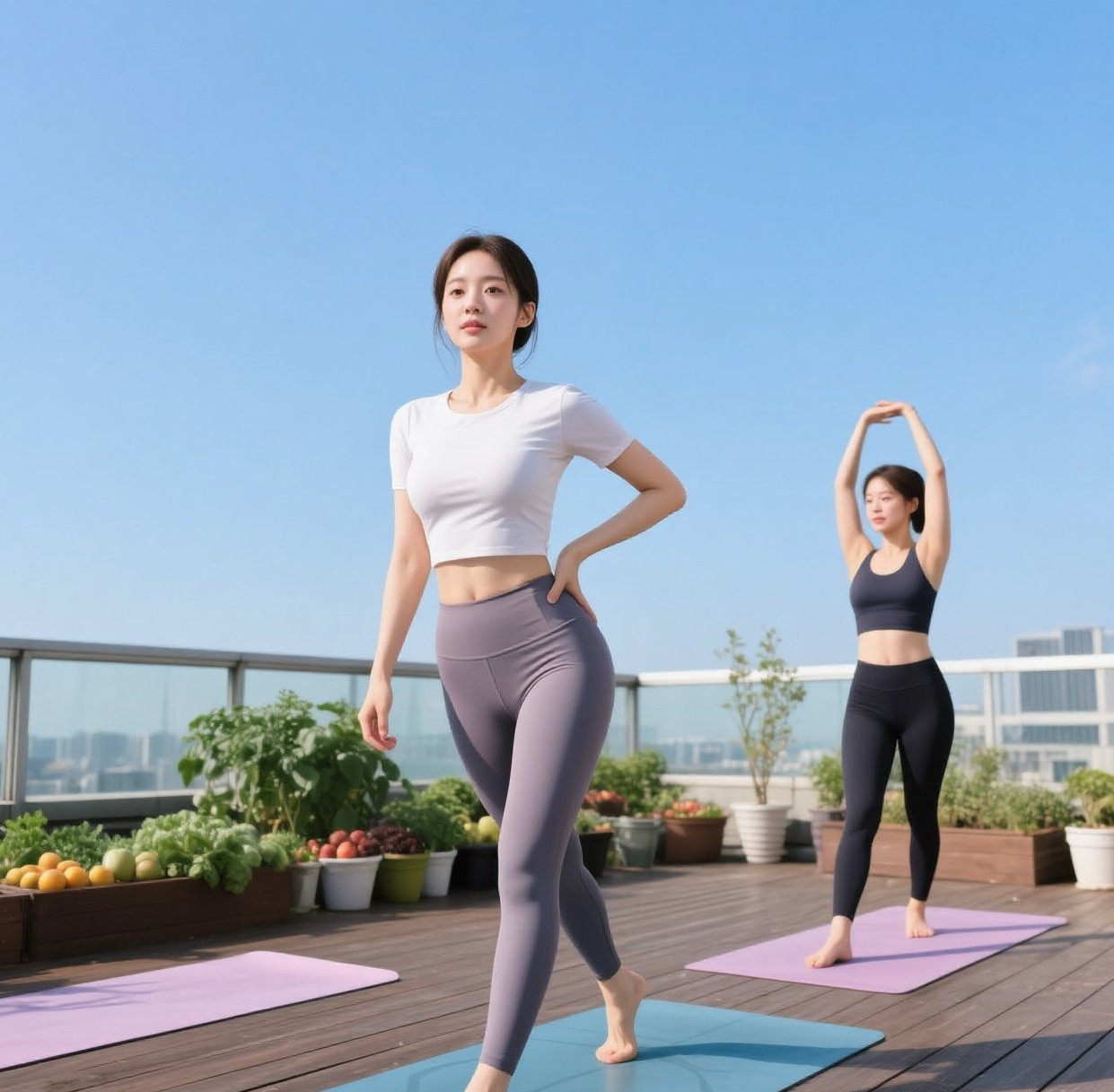 性感美女瑜伽时刻，天台上的身材教科书