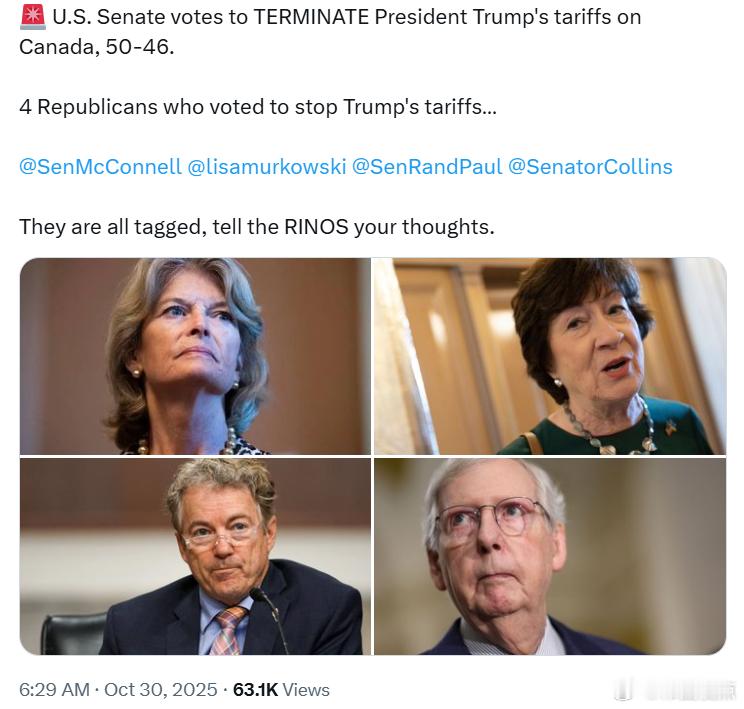 参议院投票终止特朗普总统对加拿大的关税，结果为50票赞成、46票反对。有4名共和