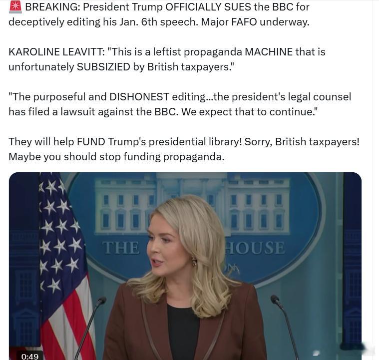 特朗普总统正式起诉BBC，指控其对他1月6日的演讲进行了欺骗性剪辑。卡罗琳·莱维