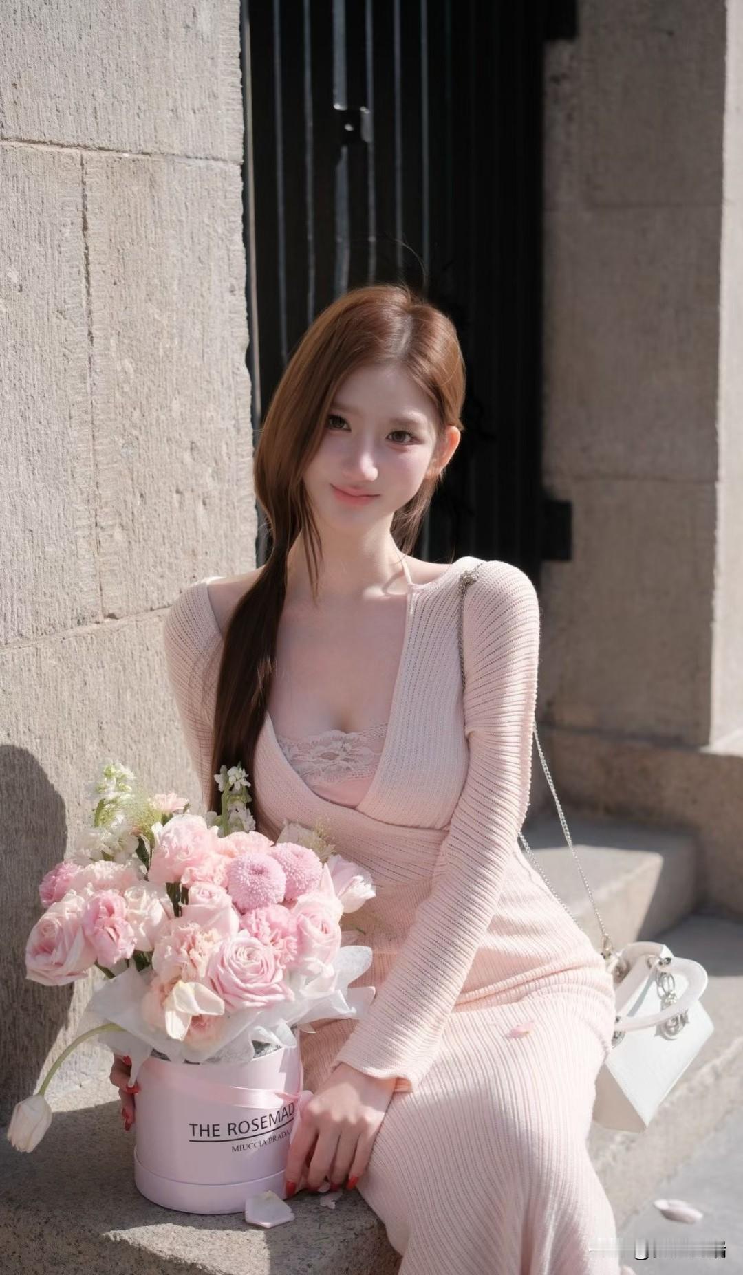 粉色连衣裙少女，手捧玫瑰花束，甜美可人！