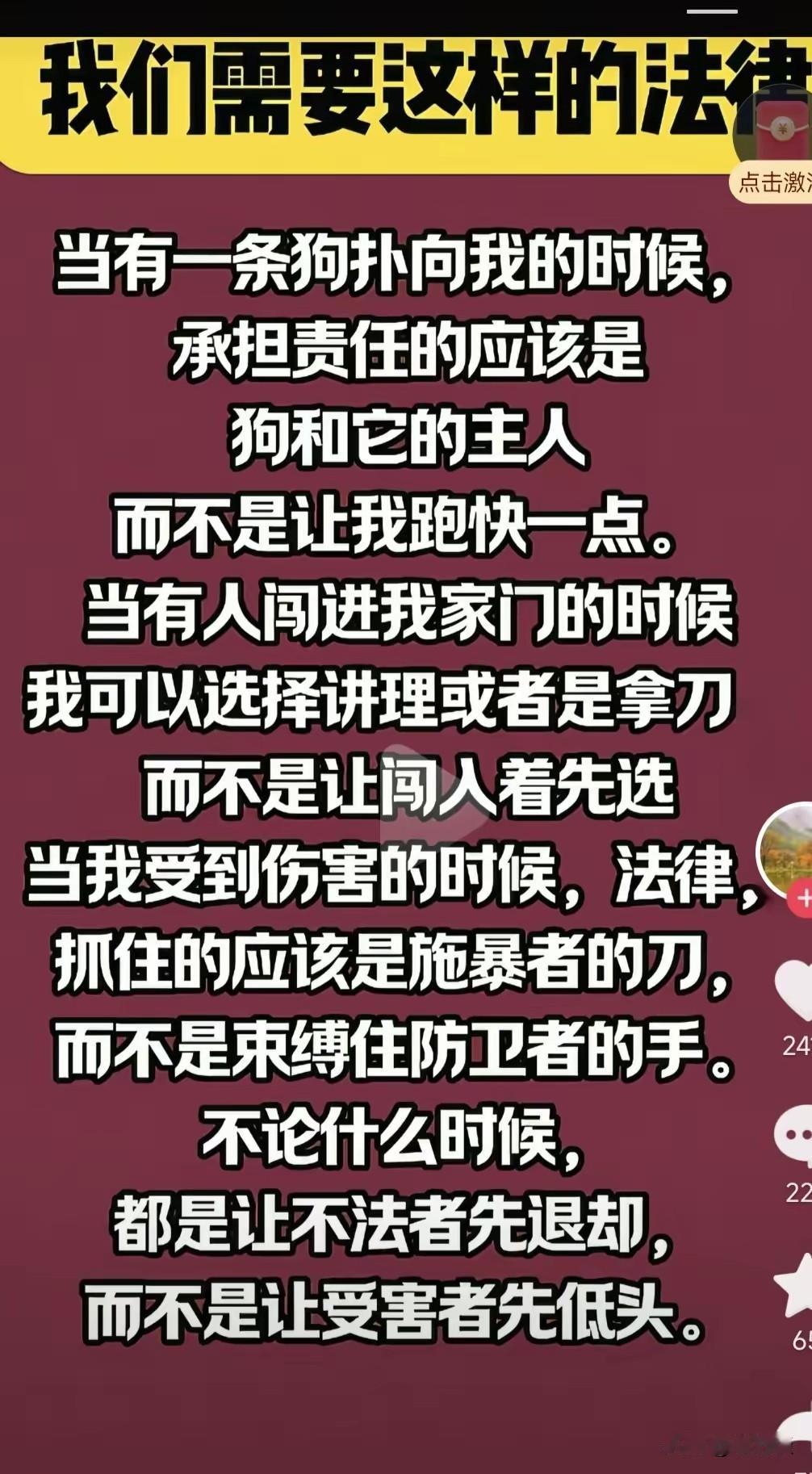 我们需要这样的法律:当一条狗扑向我的时候，承担责任的应该是狗和它的主人，而不是让