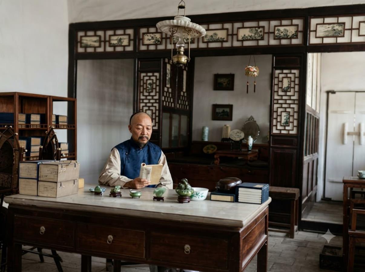 清末，新疆迪化（今乌鲁木齐），流放中的宗室载澜在私宅书房内读书，载澜留着八字胡须