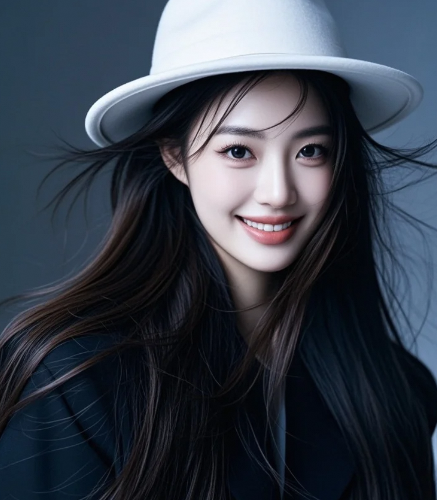 发现深灰色背景前的时尚女神