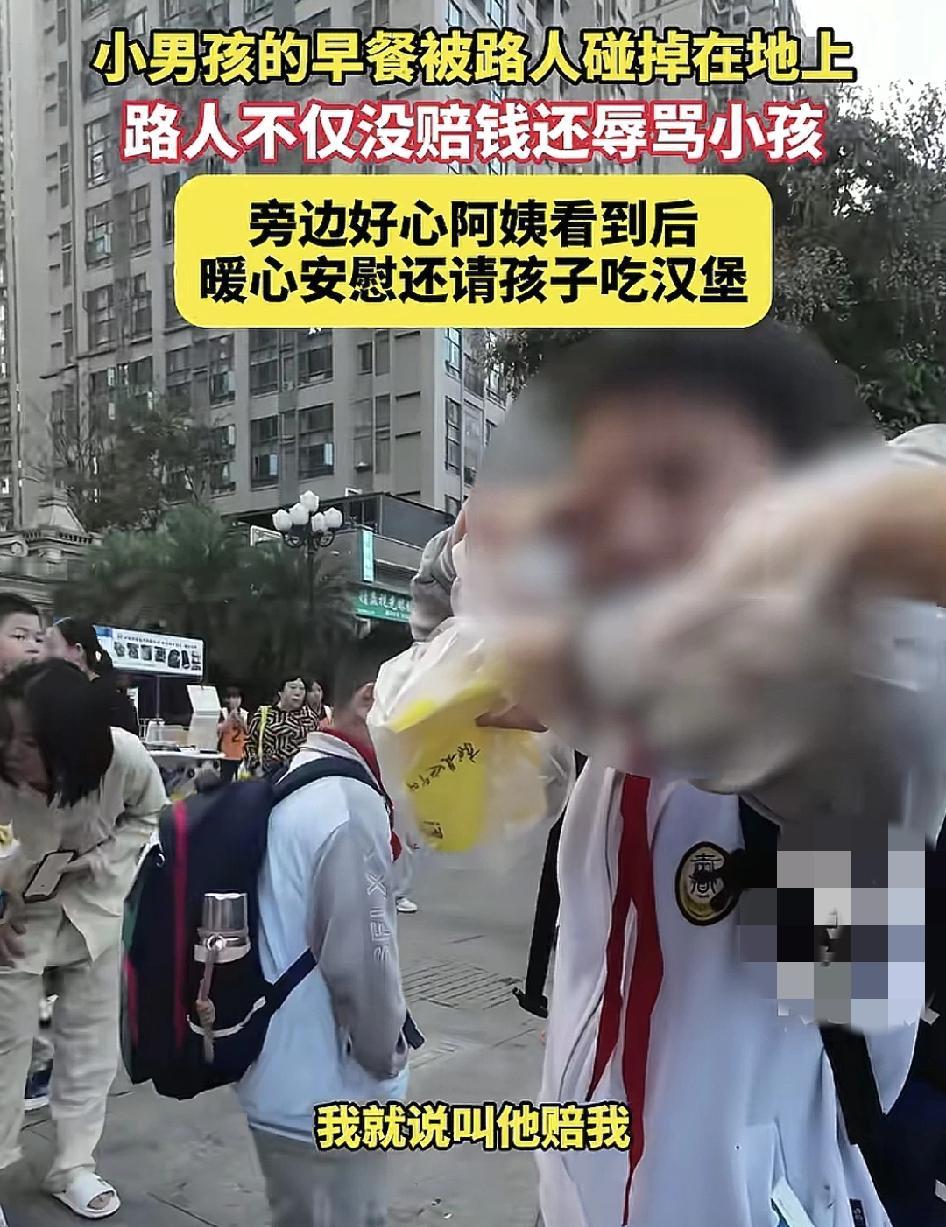 贵州贵阳一名男孩早上上学吃早餐不小心被路人碰掉了早餐。男孩叫路人赔钱，没想到路人