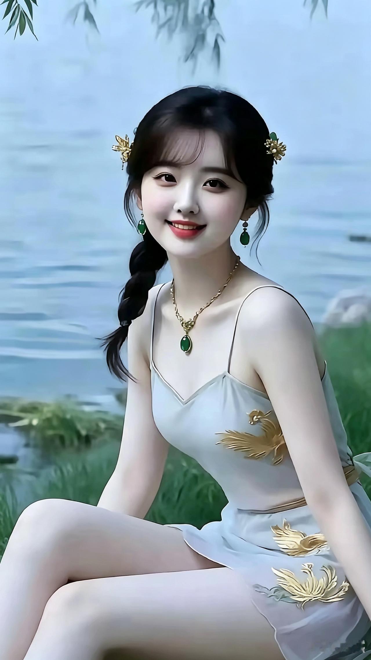 河边坐着俏姑娘，眉眼弯弯带柔光。一身打扮真雅致，看得人心亮堂堂。