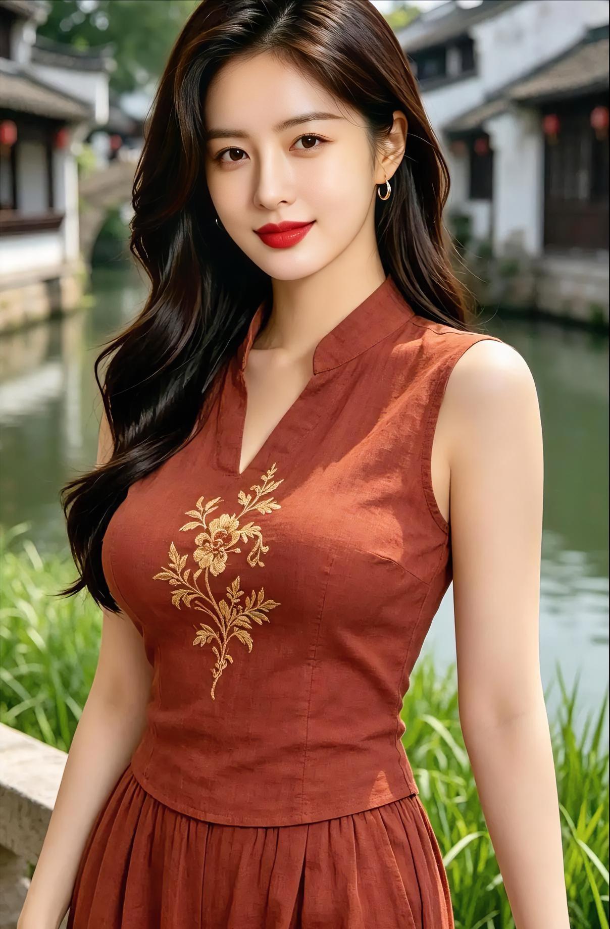 《水乡赭色》水巷悠悠，白墙黛瓦，你着赭色，立在水畔。金绣花开，立领藏