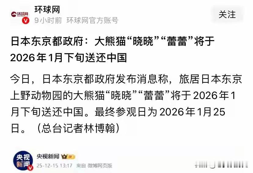 快讯快讯日本突然宣布了12月15日，日本东京都政府官宣，上野动物园的大熊猫“
