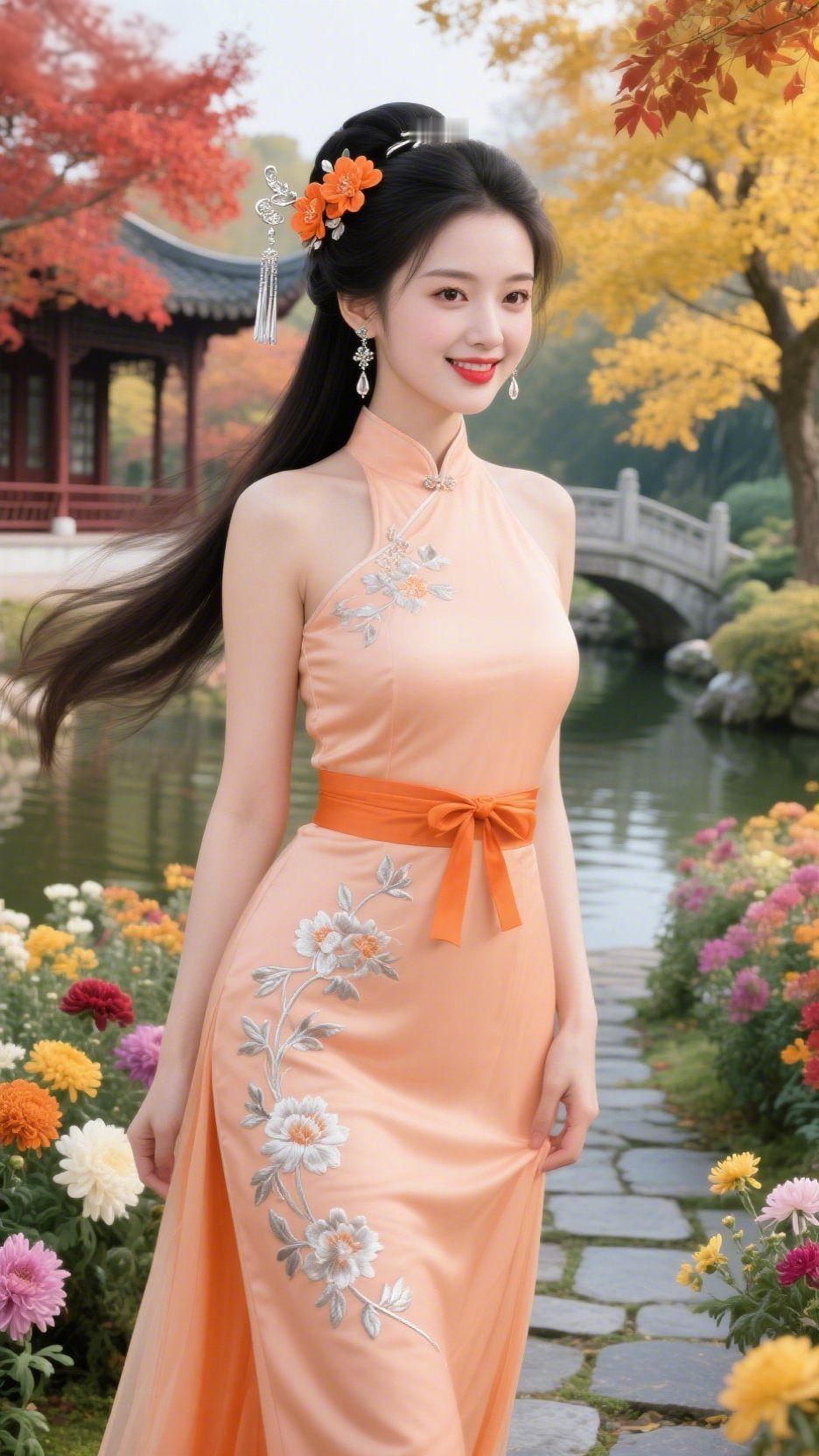 《橘裙栖于秋园中》秋光漫染园圃时，她立在石径旁，似将橘色暖意织入衣间。裙身