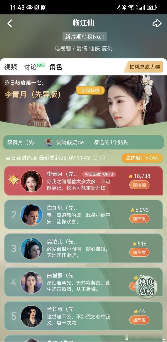 白鹿《临江仙》新片期待榜总榜第一，站内待播角色热度第一，倍杀​​​