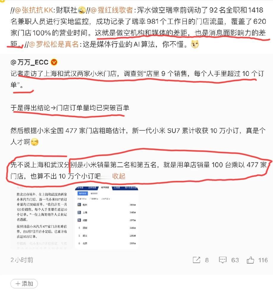 有博主质疑《财联社》报道的“小米新su7小订收获10万订单”这个信息太不严谨，很