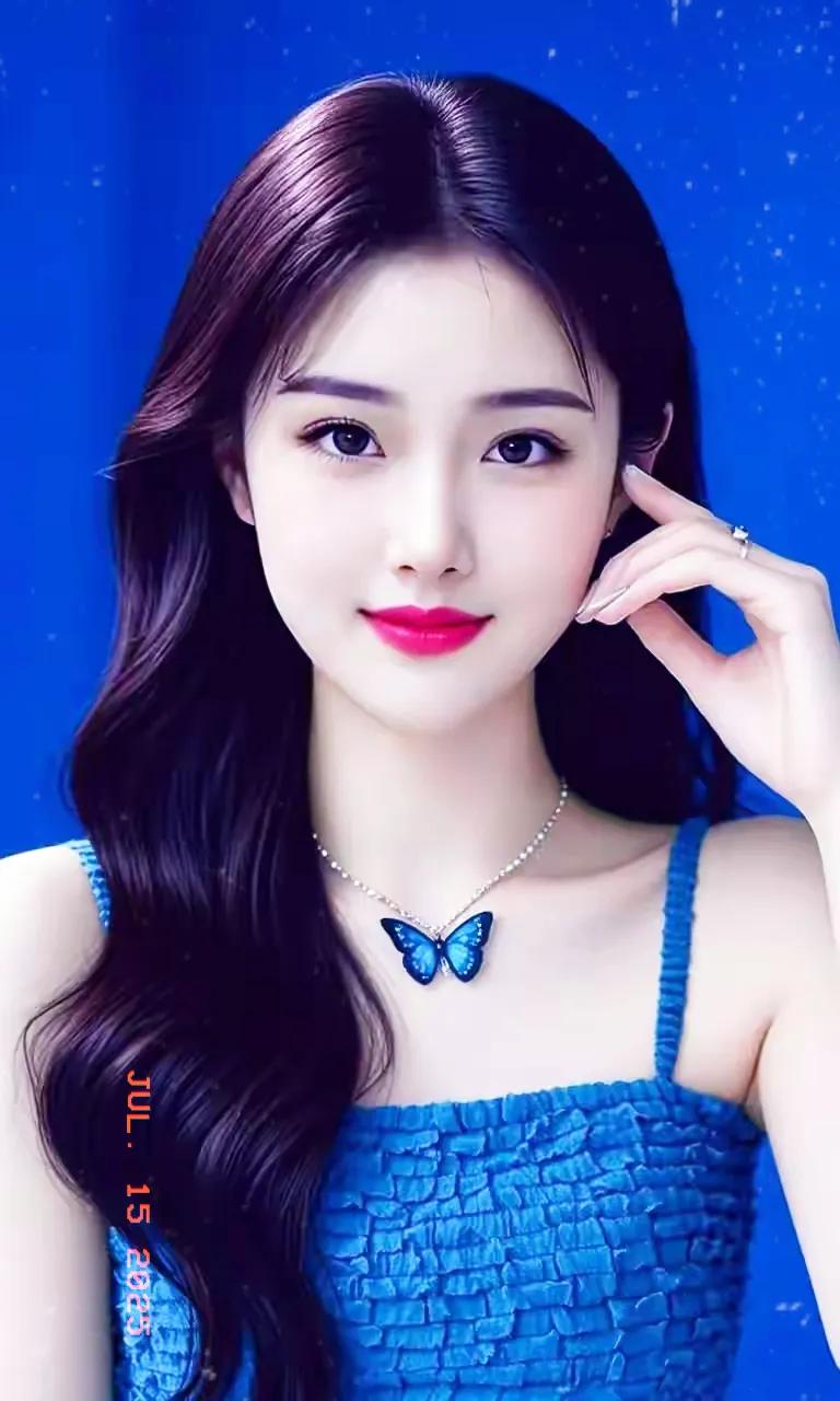 夏日蓝海少女，蝴蝶项链点缀，温柔动人！🌊💙🦋