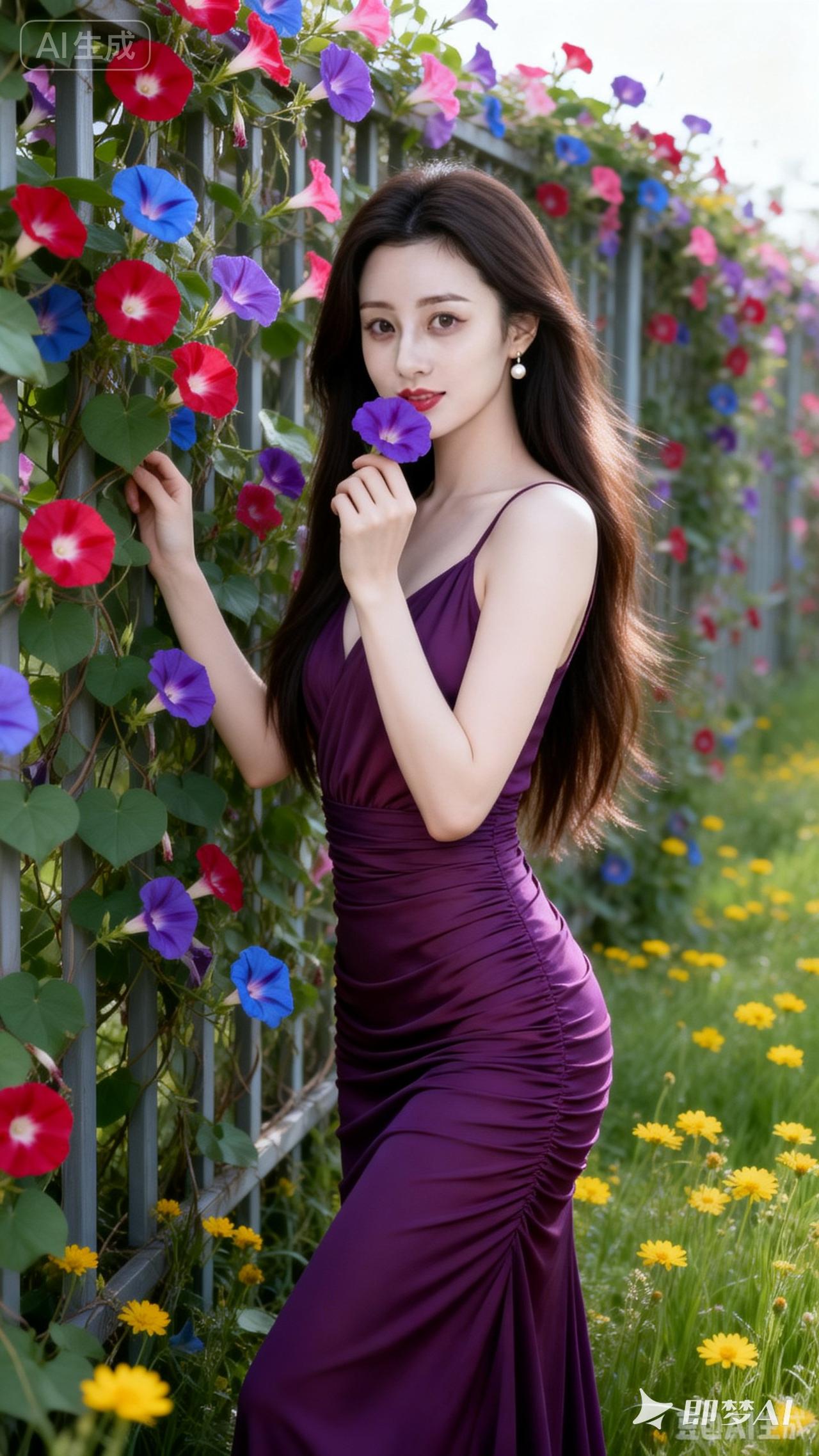 优雅紫色长裙，花海中的美丽瞬间